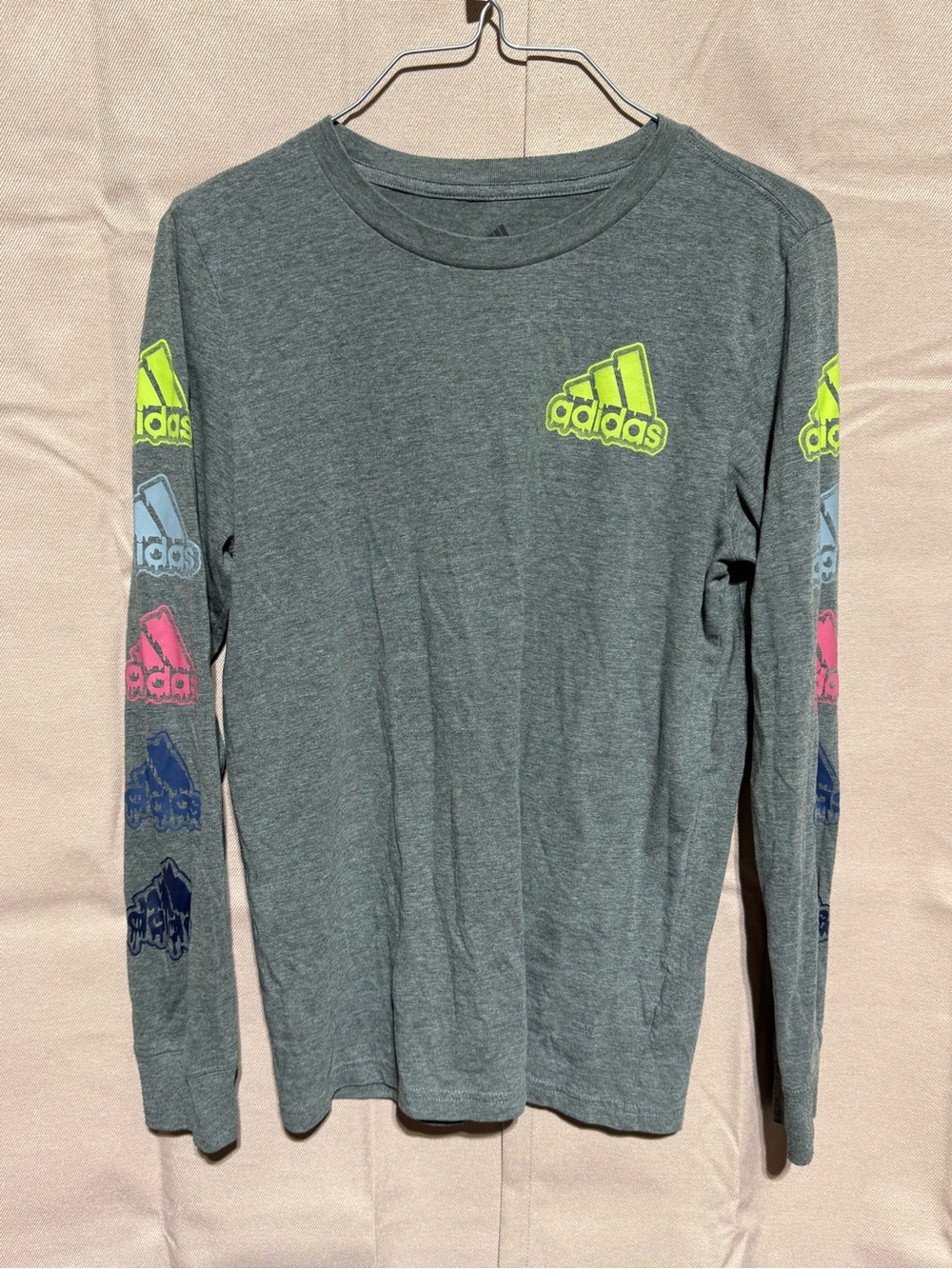 Girls adidas Gray Long Sleeve Tee with Neon Logo and Multicolor Sleeve Accents L